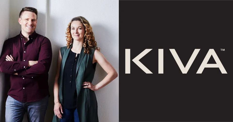 Two people standing beside the KIVA logo on a dark background