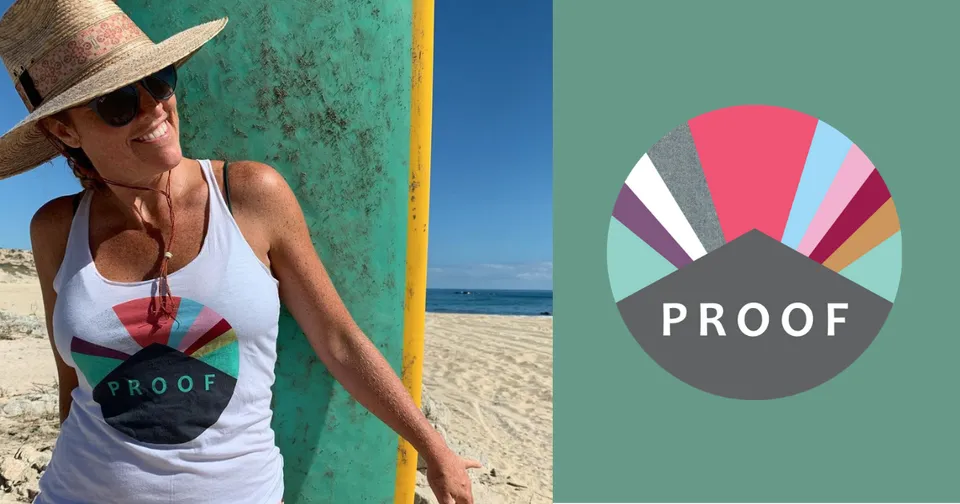 Woman in straw hat and white tank top on beach; Proof logo beside her.
