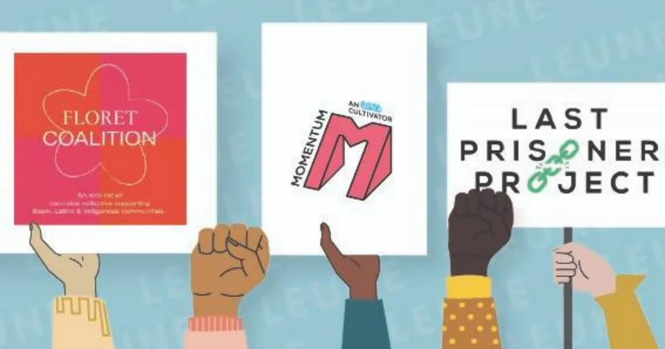 Hands holding protest signs reading “Project Coalition,” “ME TOO,” and “Last Prisoner Project” against a blue background