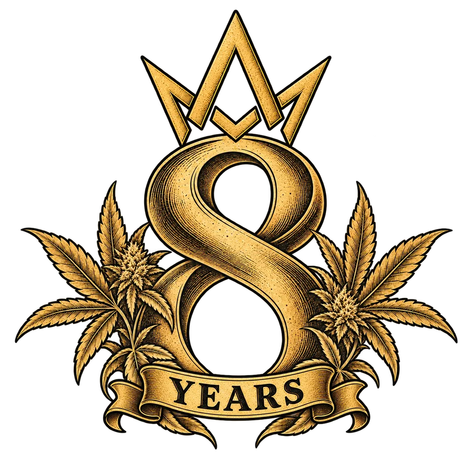 Gold engraved 8 YEARS anniversary emblem with the March and Ash crown and cannabis leaves